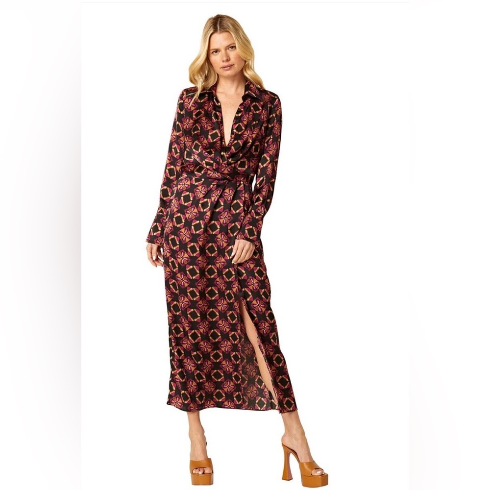 Misa Los Angeles X Anthropologie silky long sleeve abstract print Maxi with slit - Picture 2 of 11